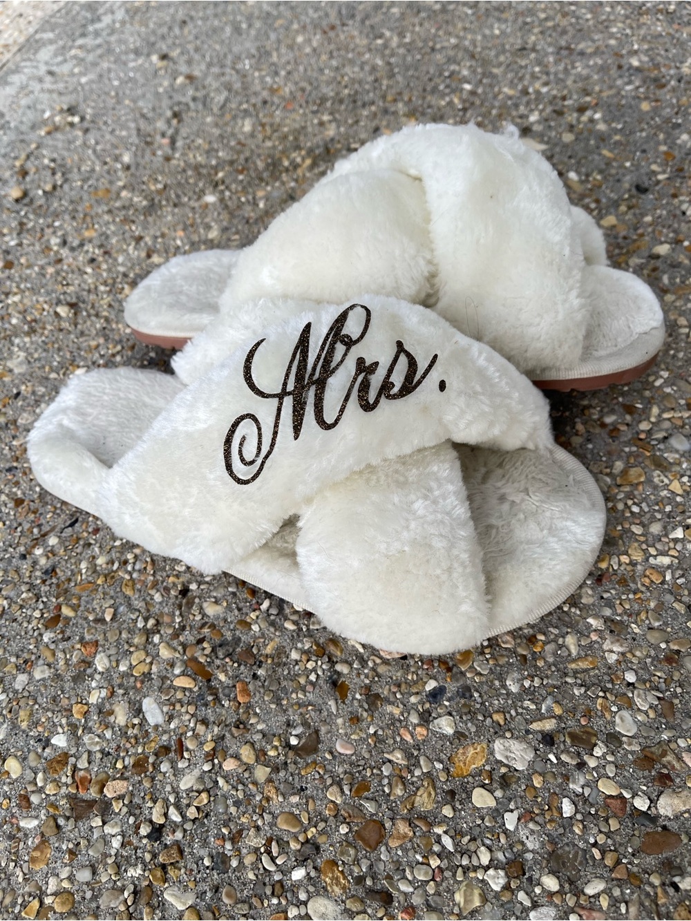 Mrs. Embroidered Cream Fuzzy Cross-Band Slippers -